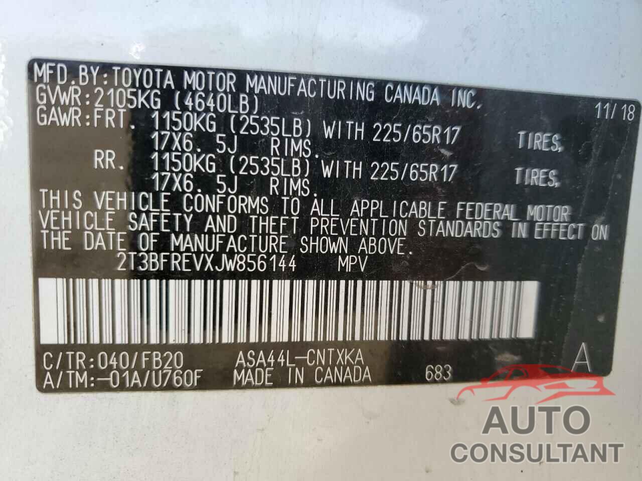 TOYOTA RAV4 2018 - 2T3BFREVXJW856144