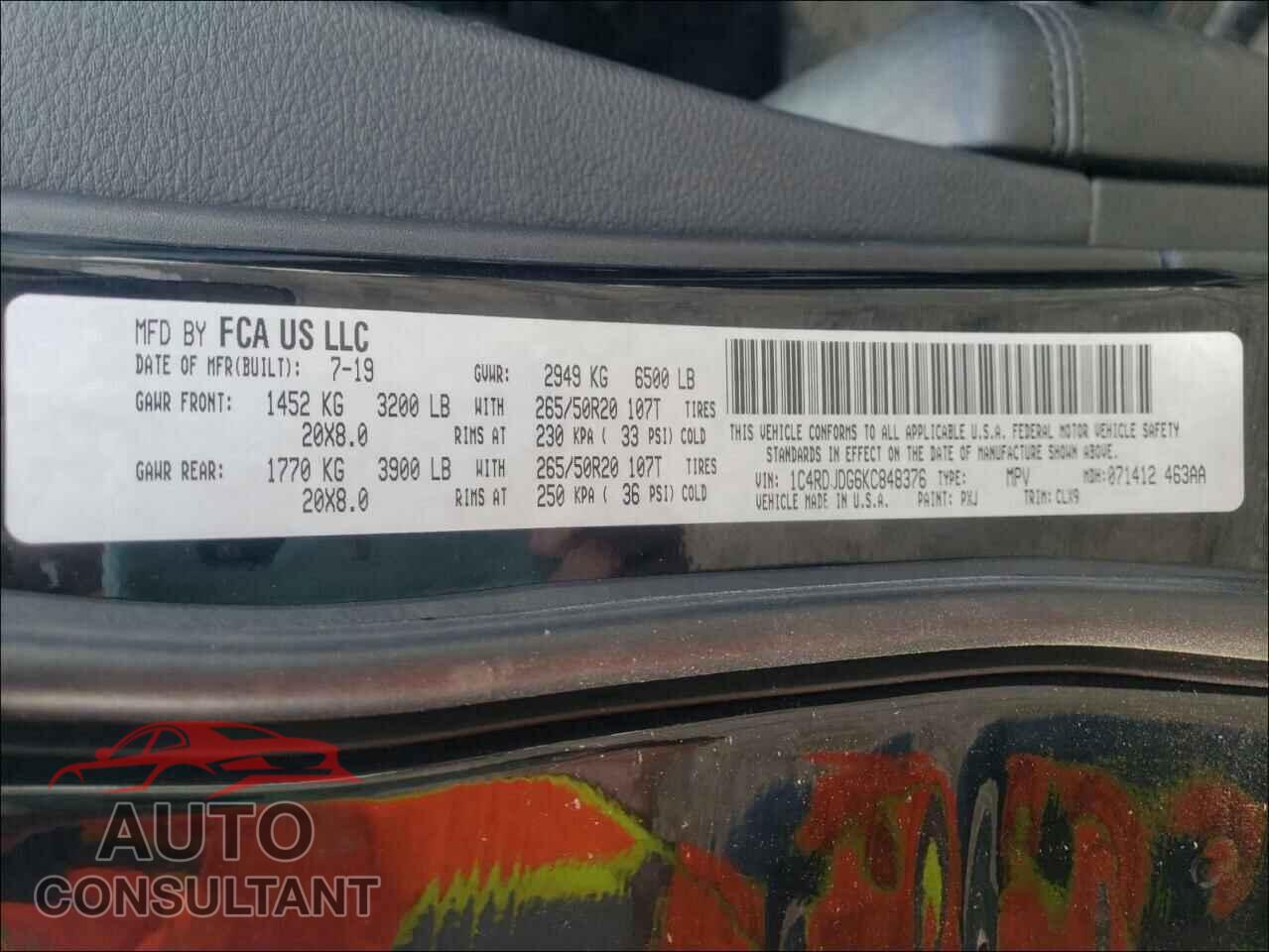 DODGE DURANGO 2019 - 1C4RDJDG6KC848376