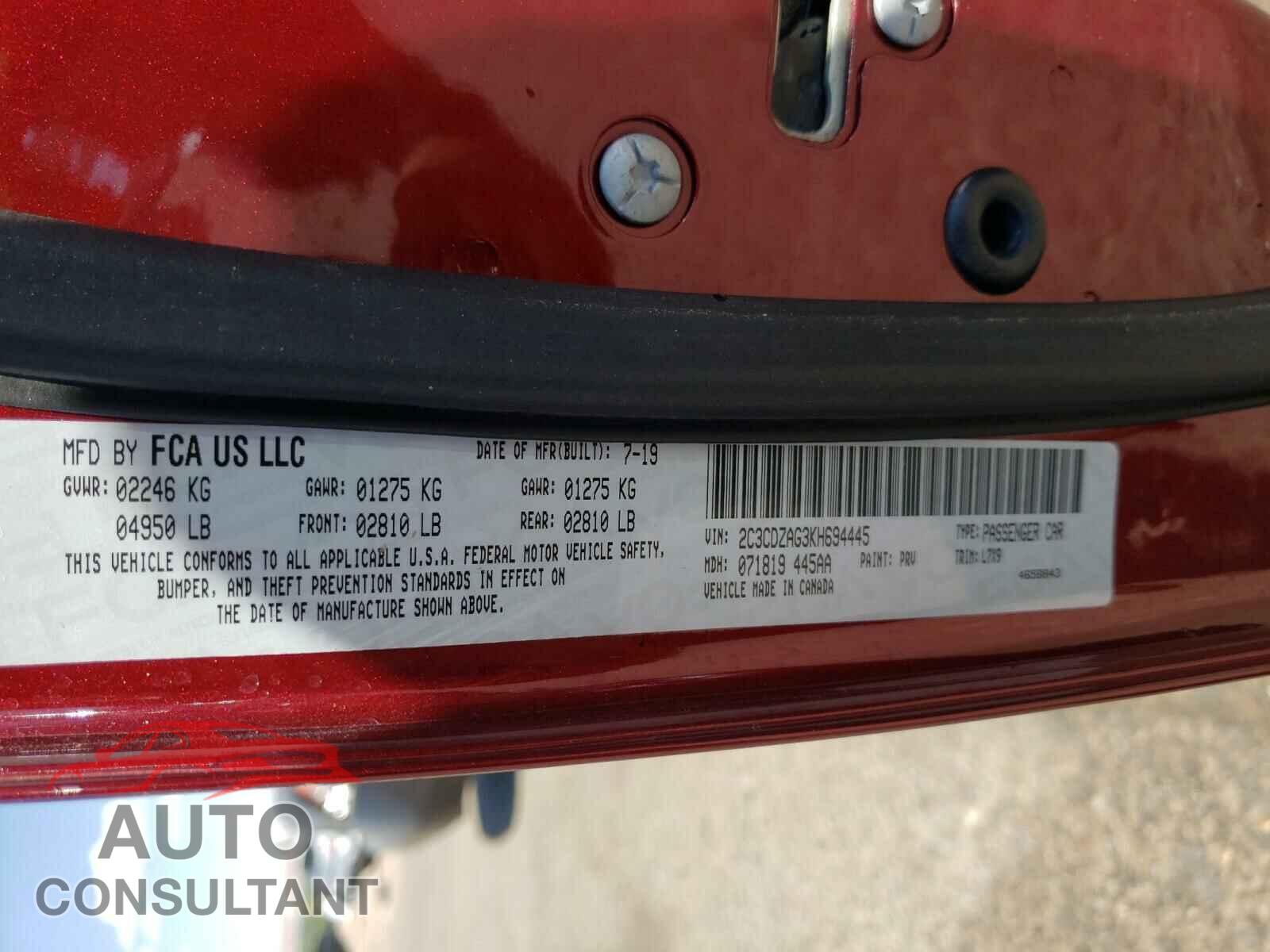 DODGE CHALLENGER 2019 - 2C3CDZAG3KH694445