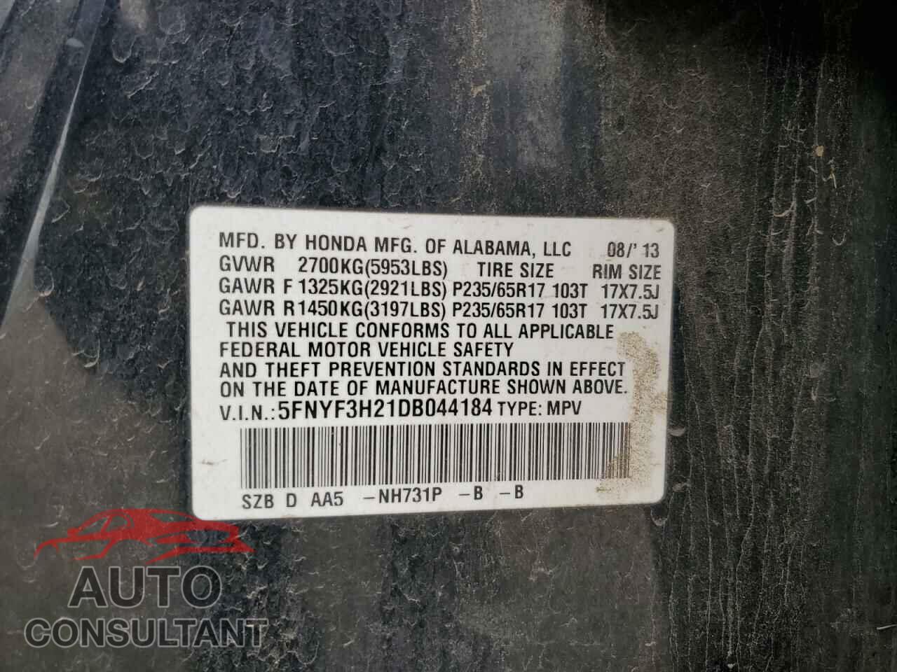 HONDA PILOT 2013 - 5FNYF3H21DB044184