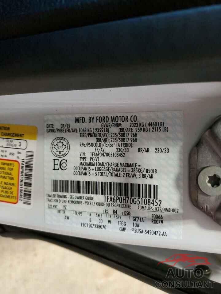 FORD FUSION 2016 - 1FA6P0H70G5108452