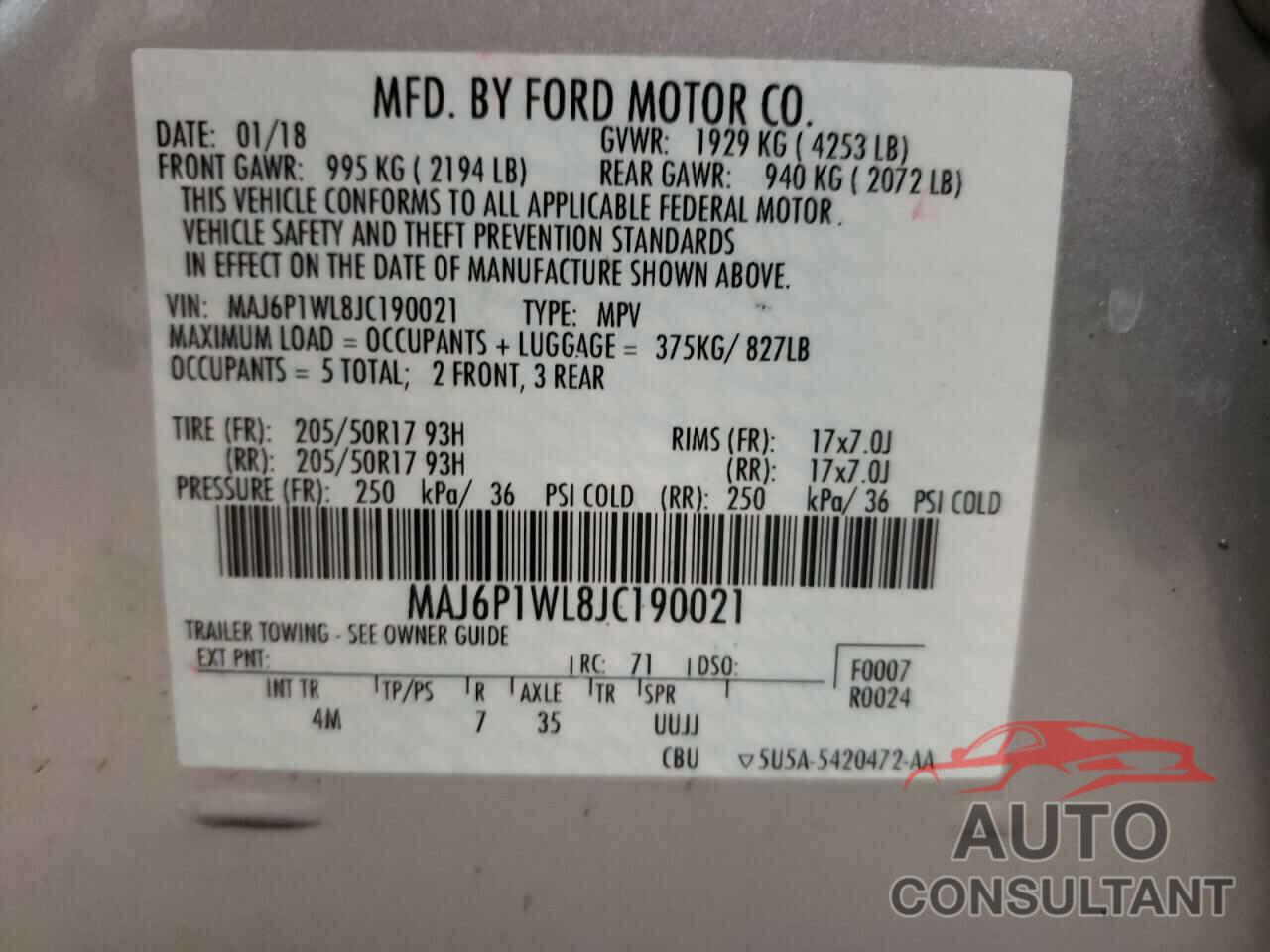 FORD ALL OTHER 2018 - MAJ6P1WL8JC190021