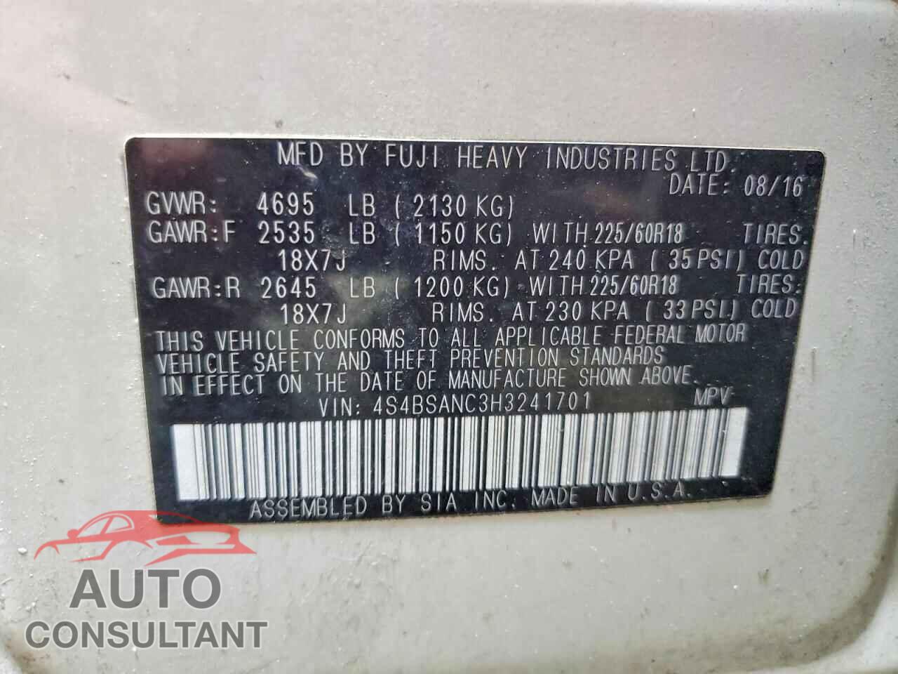 SUBARU OUTBACK 2017 - 4S4BSANC3H3241701