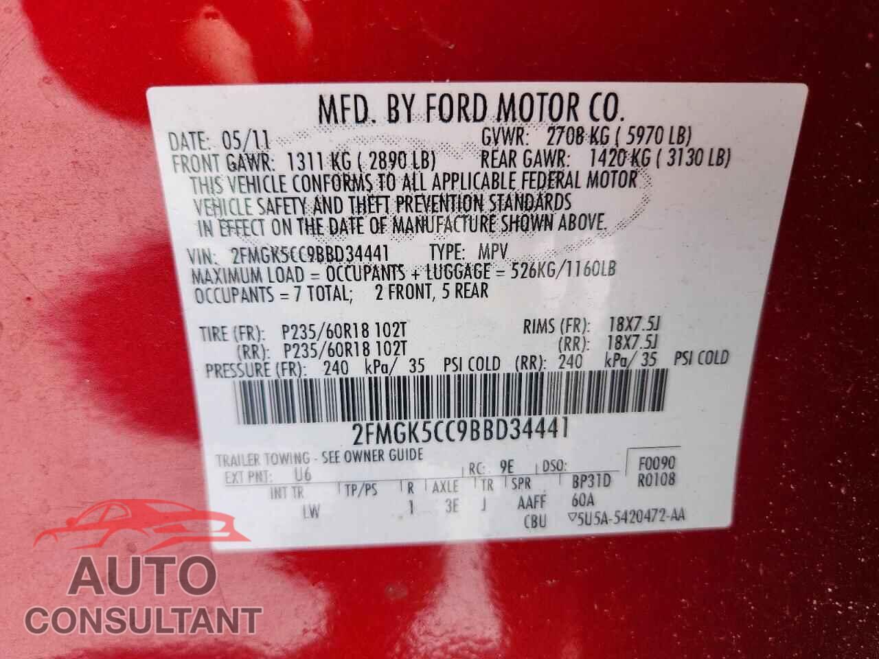 FORD FLEX 2011 - 2FMGK5CC9BBD34441