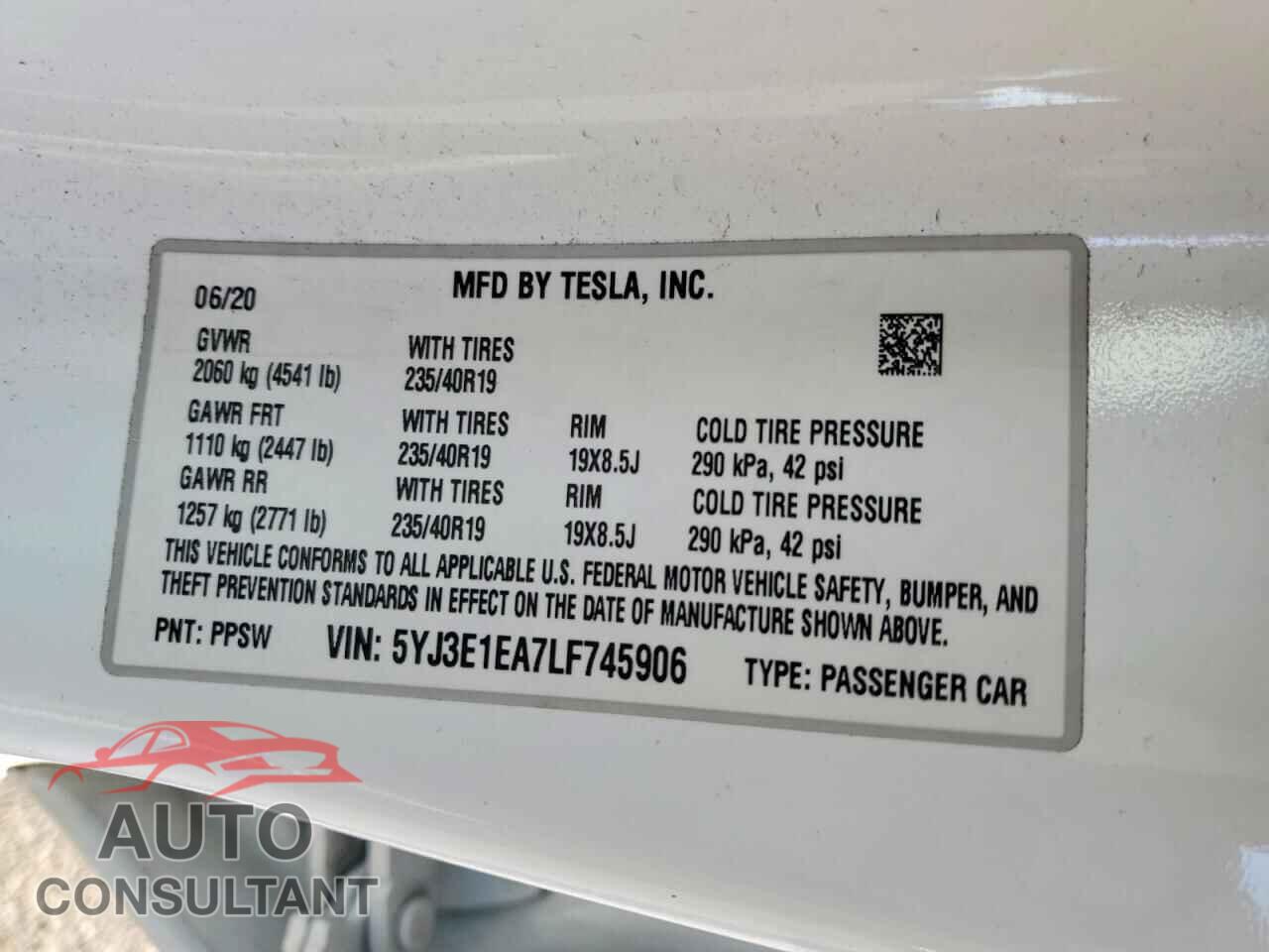 TESLA MODEL 3 2020 - 5YJ3E1EA7LF745906