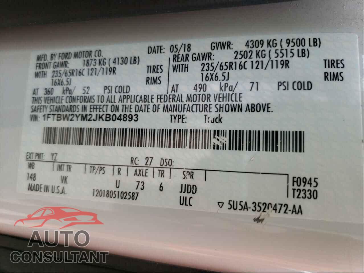 FORD TRANSIT CO 2018 - 1FTBW2YM2JKB04893