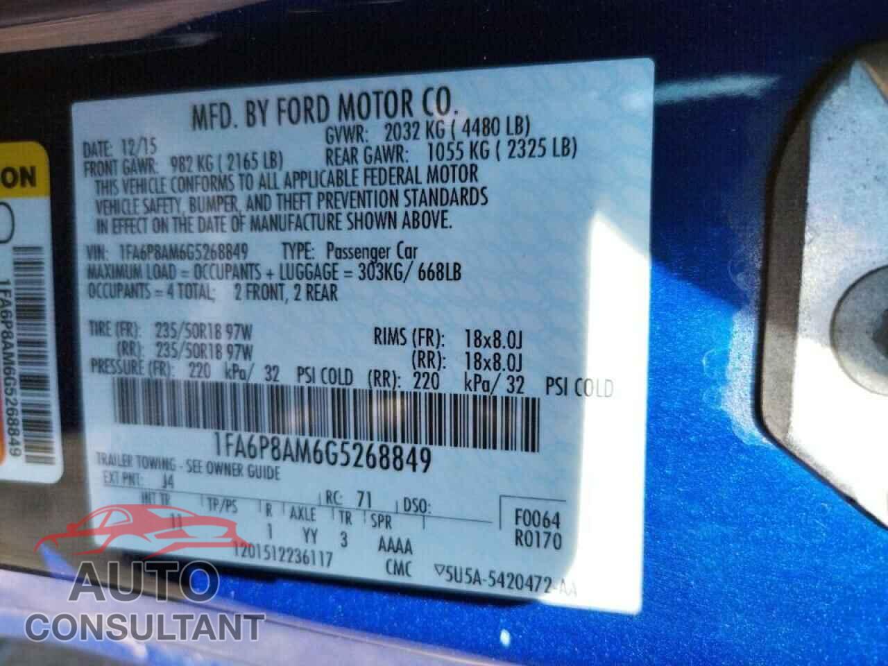 FORD MUSTANG 2016 - 1FA6P8AM6G5268849