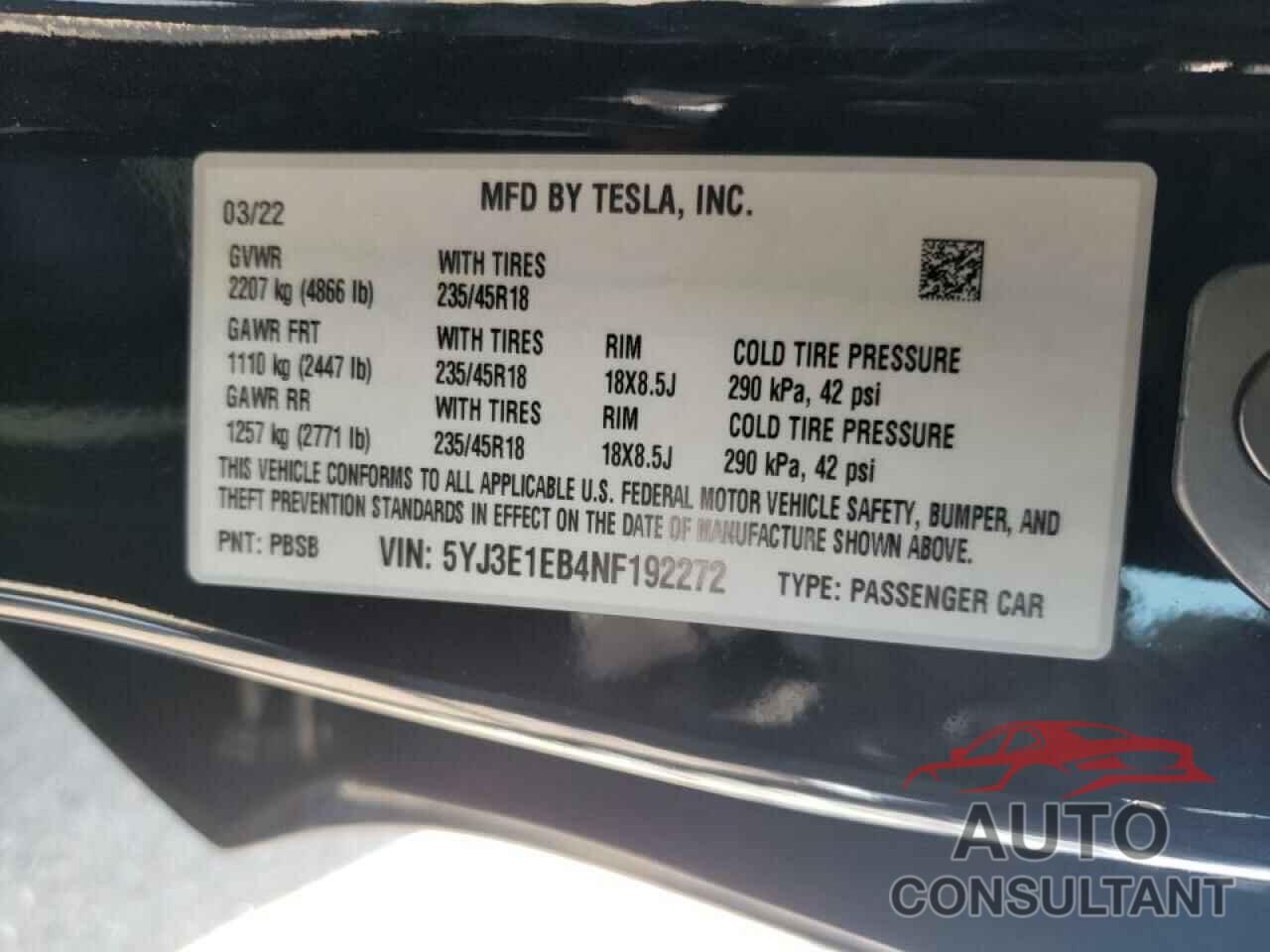TESLA MODEL 3 2022 - 5YJ3E1EB4NF192272