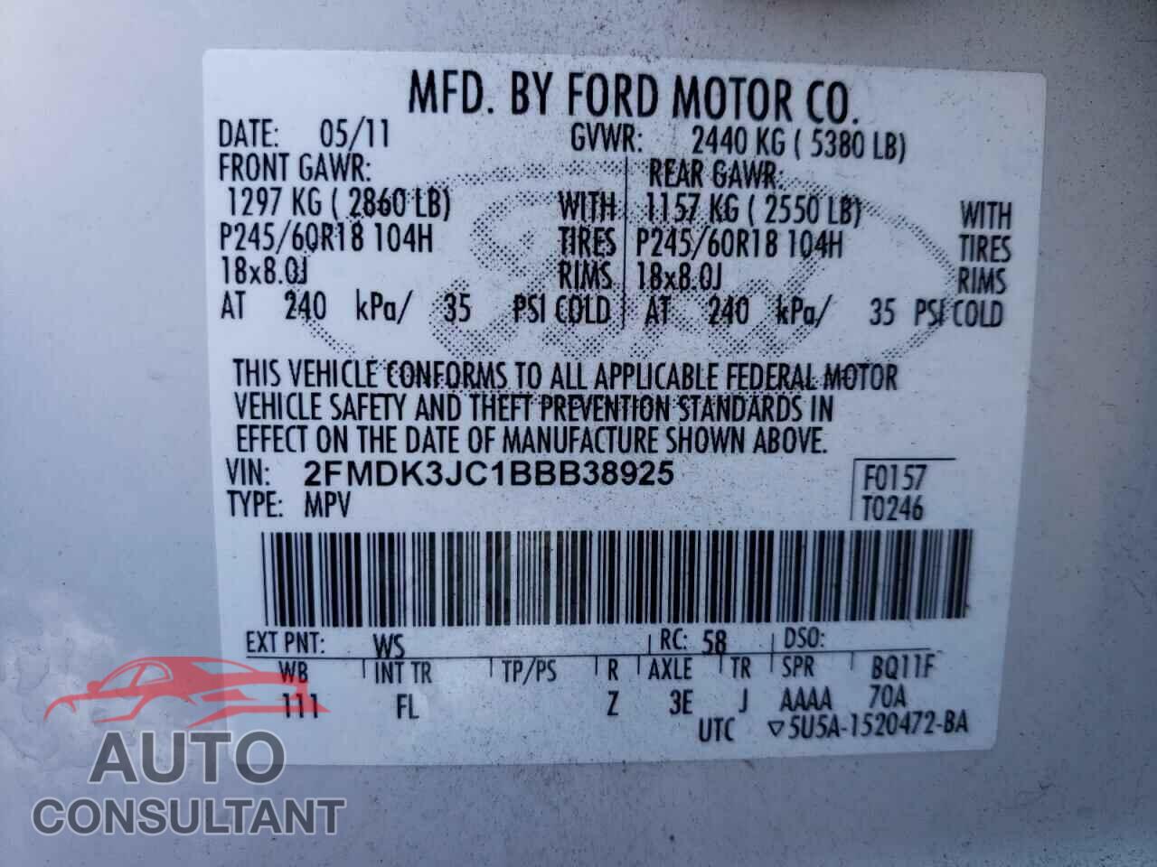 FORD EDGE 2011 - 2FMDK3JC1BBB38925