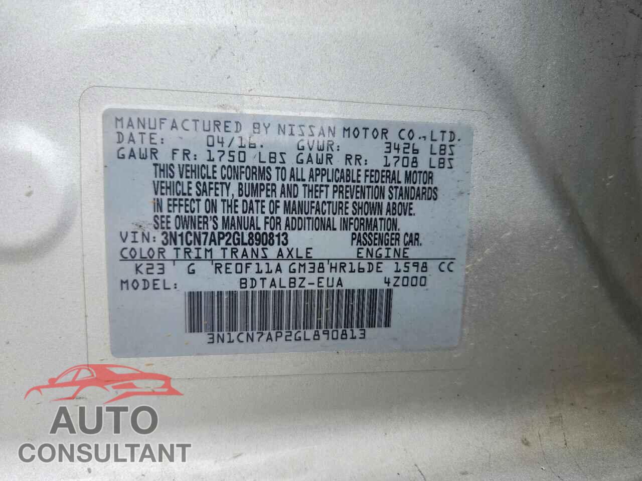 NISSAN VERSA 2016 - 3N1CN7AP2GL890813