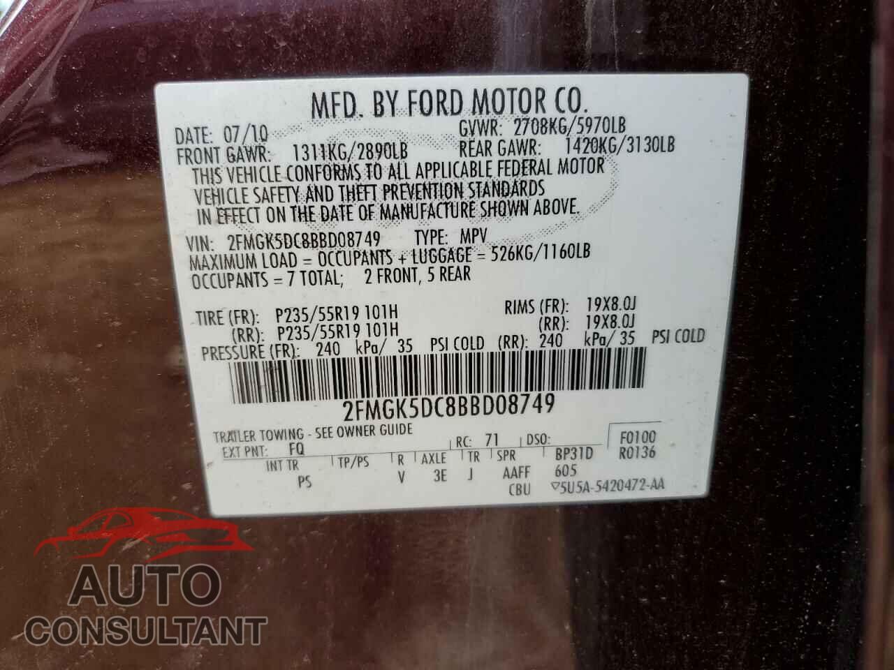 FORD FLEX 2011 - 2FMGK5DC8BBD08749