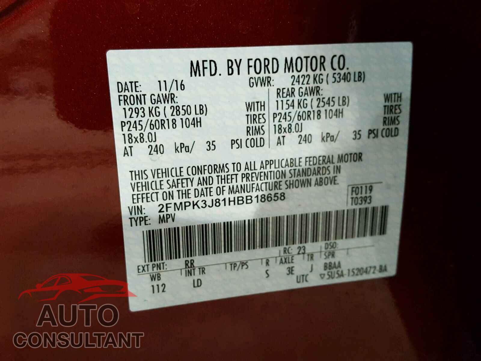 FORD EDGE SEL 2017 - 2FMPK3J81HBB18658