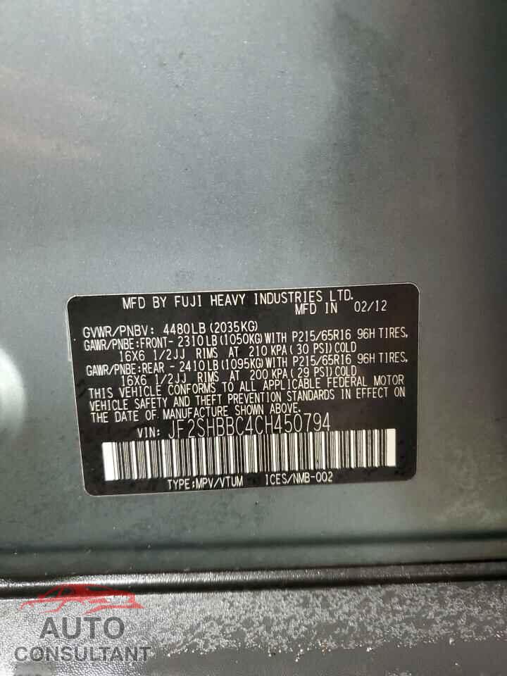 SUBARU FORESTER 2012 - JF2SHBBC4CH450794