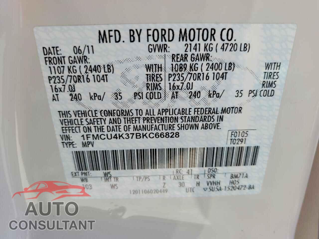 FORD ESCAPE 2011 - 1FMCU4K37BKC66828