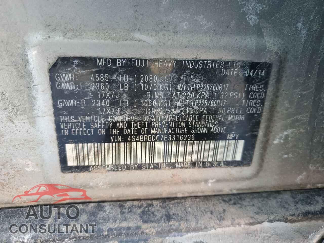 SUBARU OUTBACK 2014 - 4S4BRBDC7E3316236