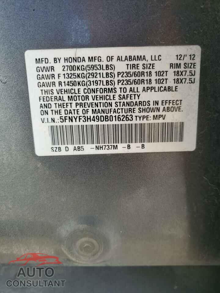 HONDA PILOT 2013 - 5FNYF3H49DB016263