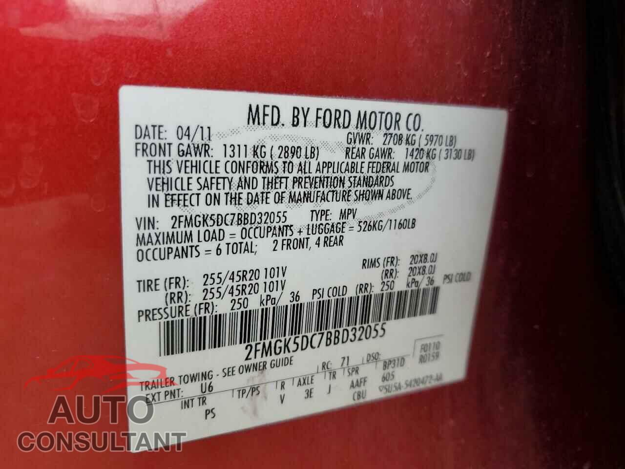 FORD FLEX 2011 - 2FMGK5DC7BBD32055