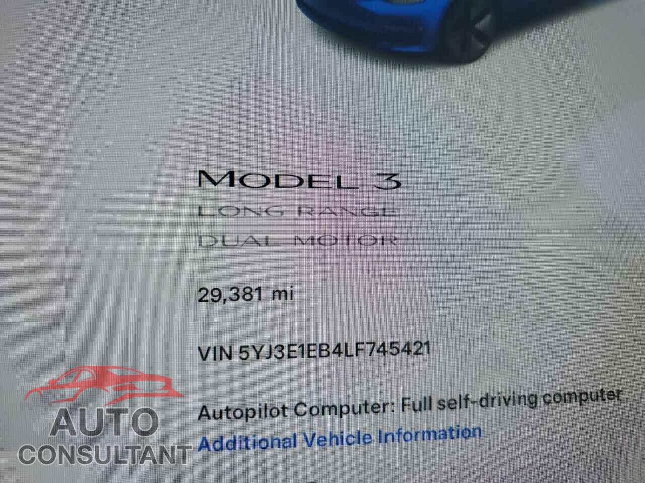 TESLA MODEL 3 2020 - 5YJ3E1EB4LF745421