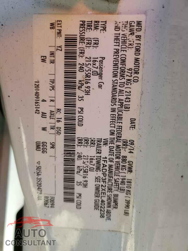 FORD FOCUS 2014 - 1FADP3F2XEL402238