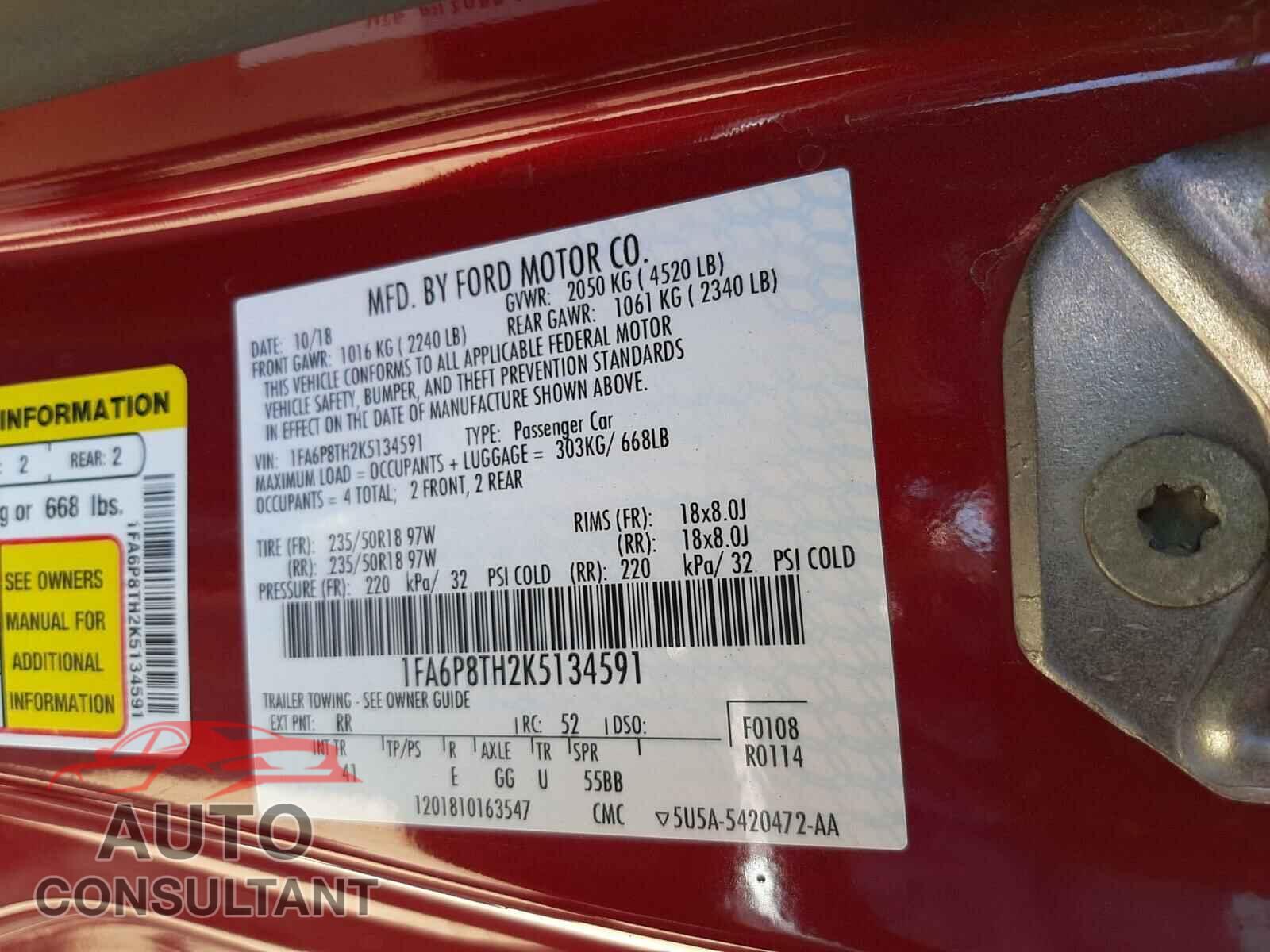 FORD MUSTANG 2019 - 1FA6P8TH2K5134591