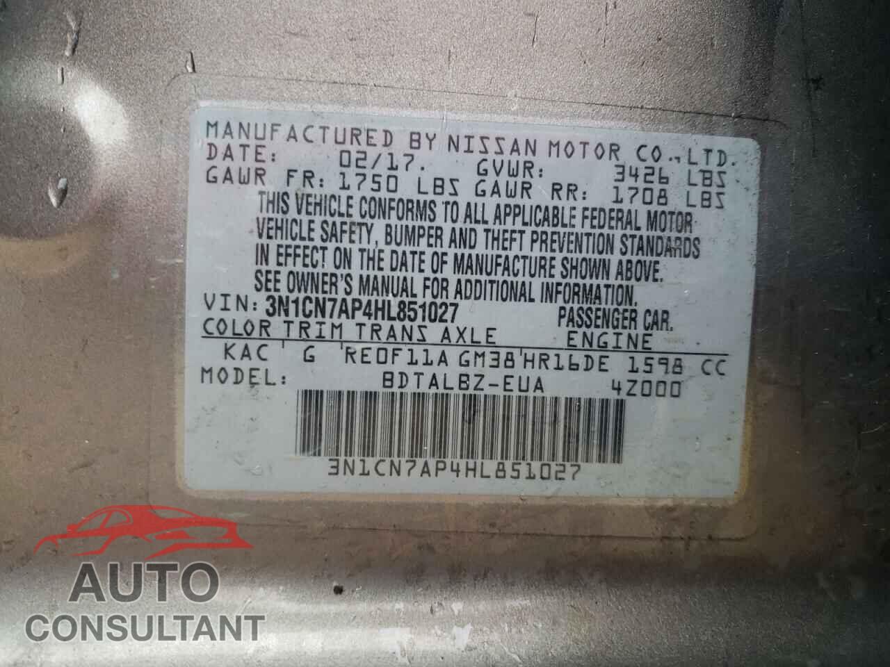 NISSAN VERSA 2017 - 3N1CN7AP4HL851027
