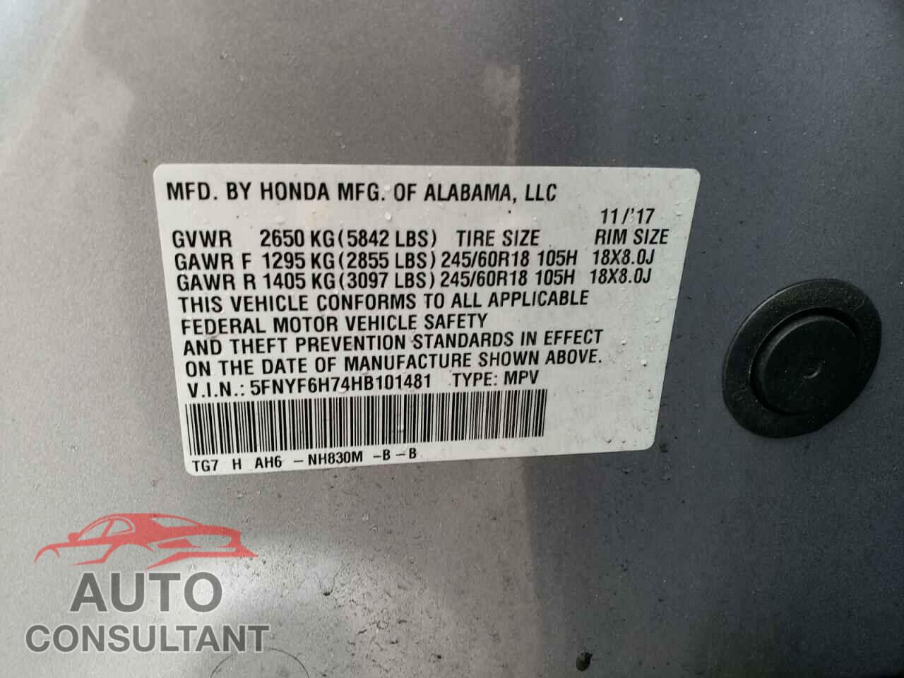 HONDA PILOT 2017 - 5FNYF6H74HB101481