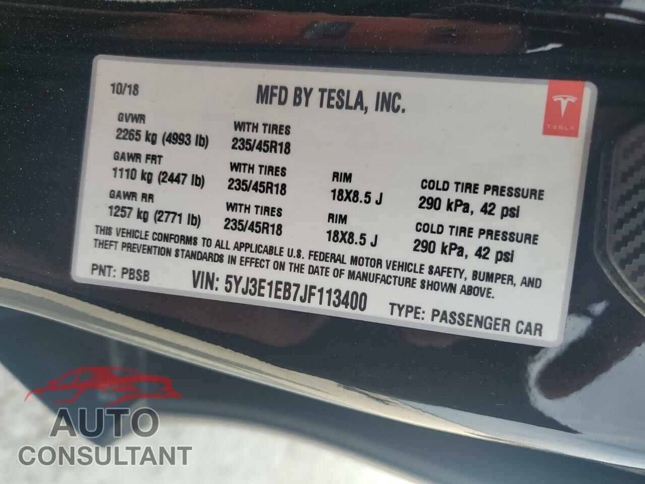 TESLA MODEL 3 2018 - 5YJ3E1EB7JF113400