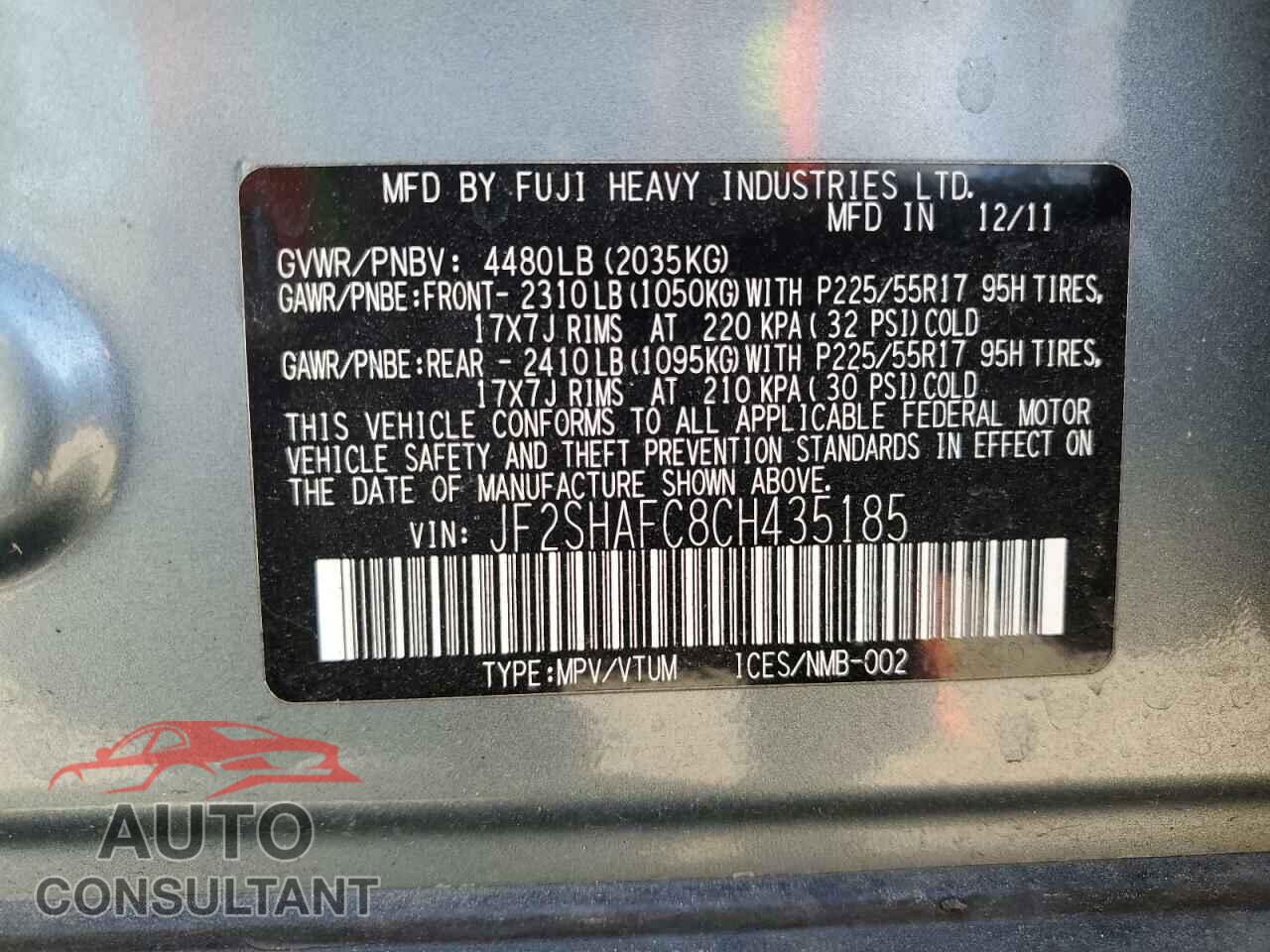 SUBARU FORESTER 2012 - JF2SHAFC8CH435185