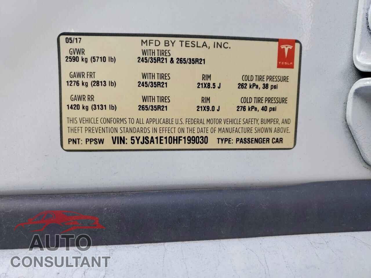 TESLA MODEL S 2017 - 5YJSA1E10HF199030