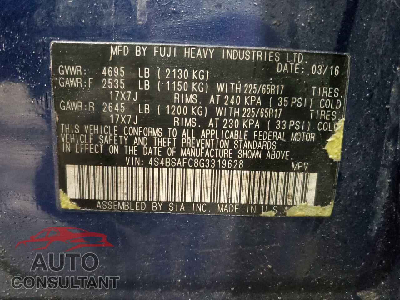 SUBARU OUTBACK 2016 - 4S4BSAFC8G3319628