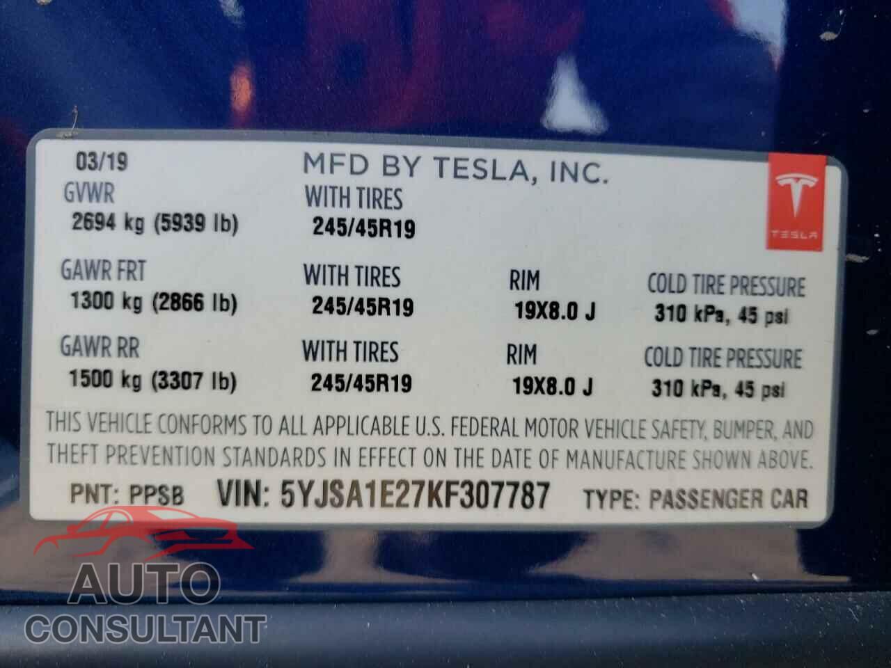TESLA MODEL S 2019 - 5YJSA1E27KF307787