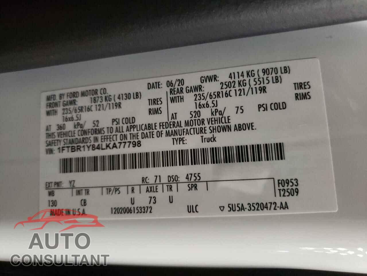 FORD TRANSIT CO 2020 - 1FTBR1Y84LKA77798