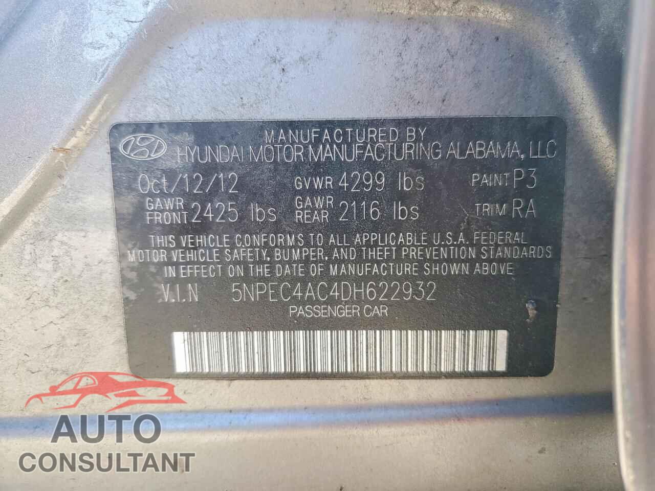 HYUNDAI SONATA 2013 - 5NPEC4AC4DH622932