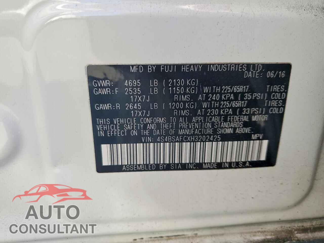 SUBARU OUTBACK 2017 - 4S4BSAFCXH3202425
