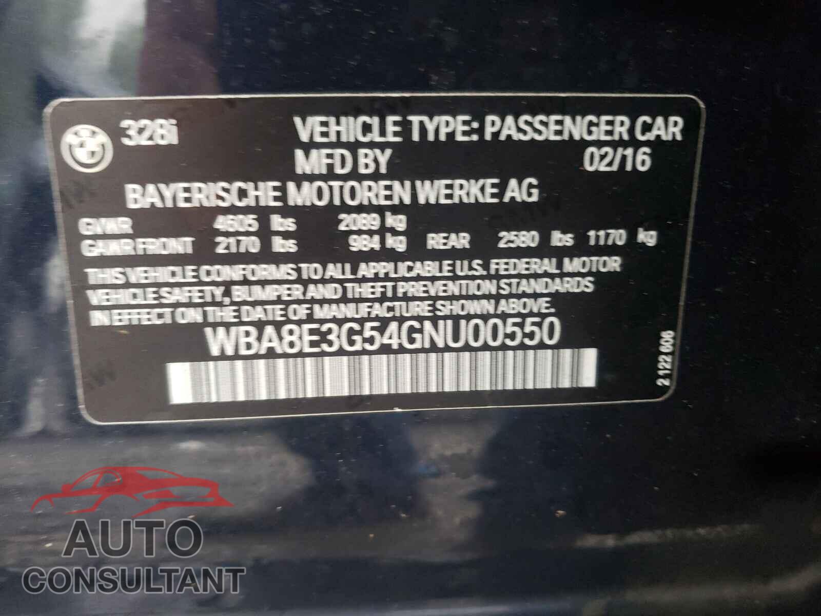 BMW 3 SERIES 2016 - WBA8E3G54GNU00550