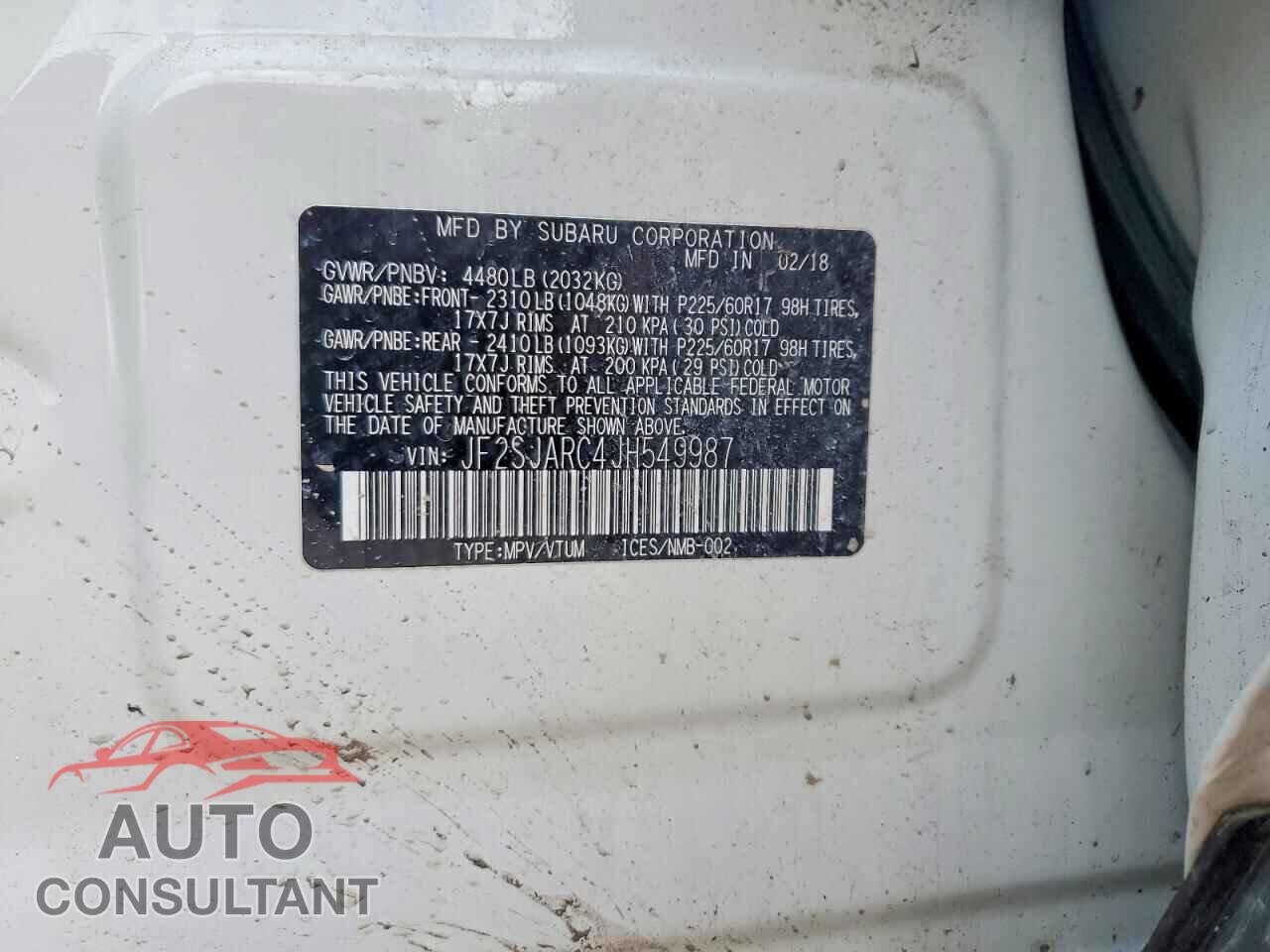 SUBARU FORESTER 2018 - JF2SJARC4JH549987