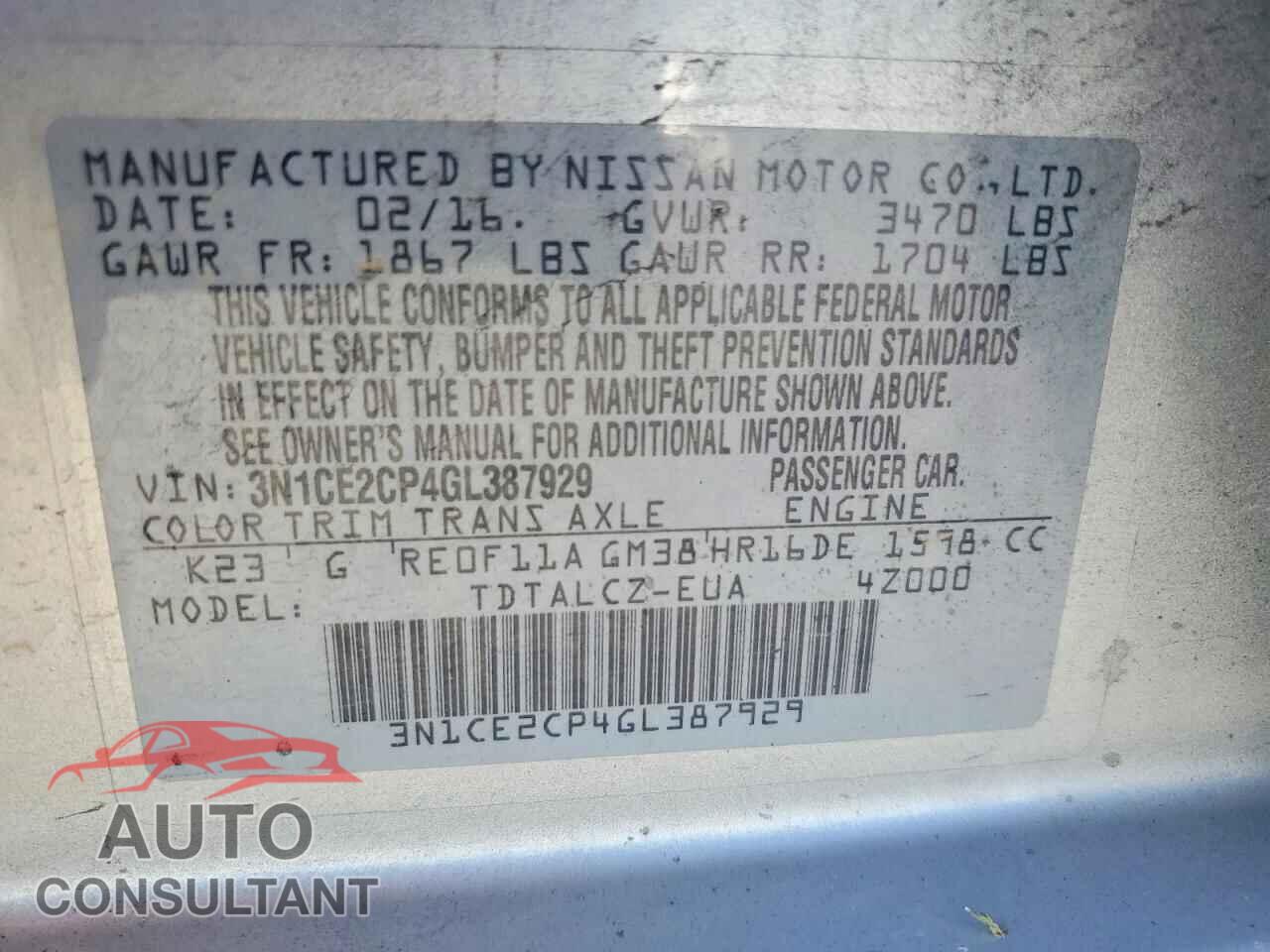NISSAN VERSA NOTE 2016 - 3N1CE2CP4GL387929