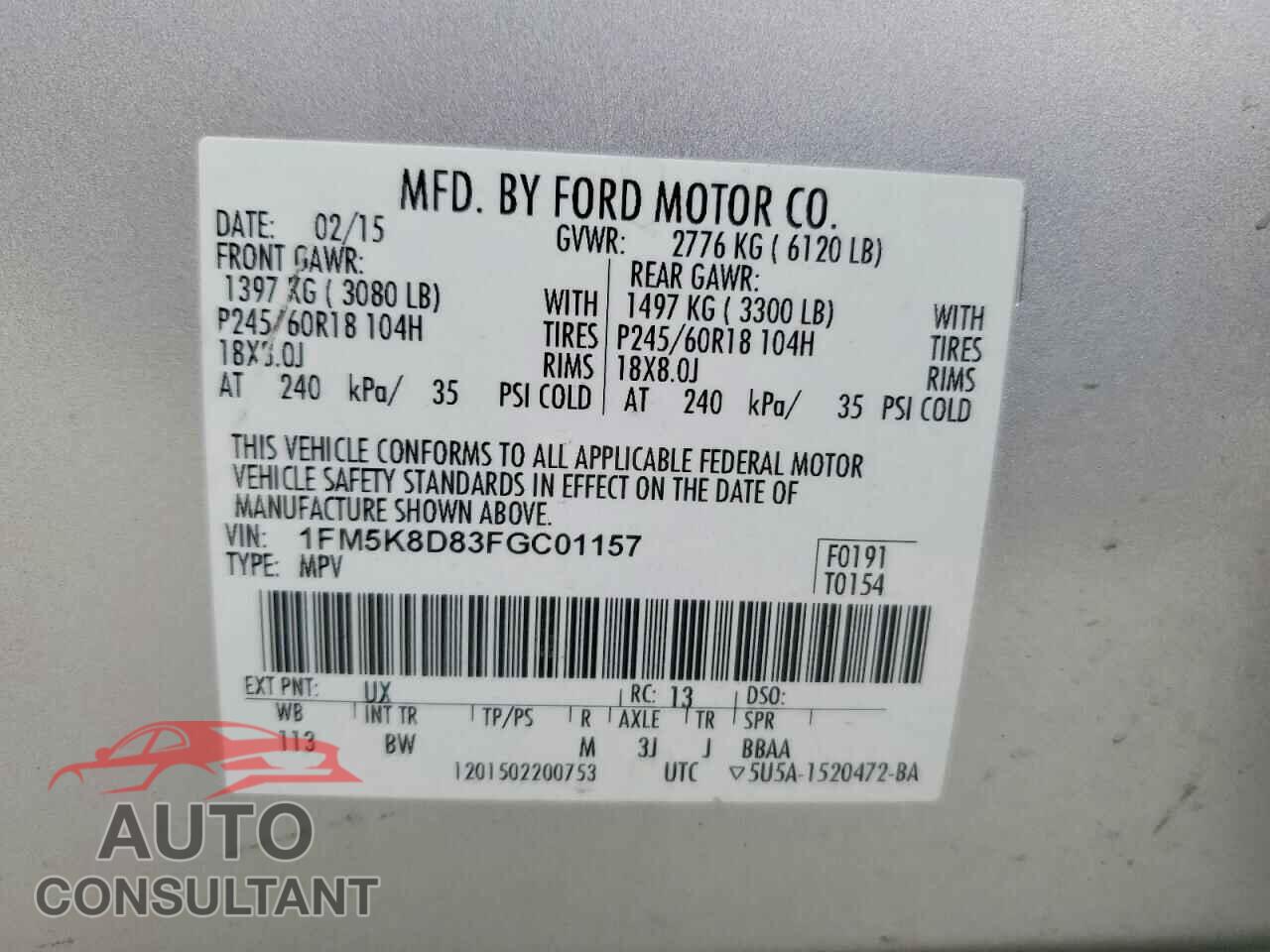 FORD EXPLORER 2015 - 1FM5K8D83FGC01157