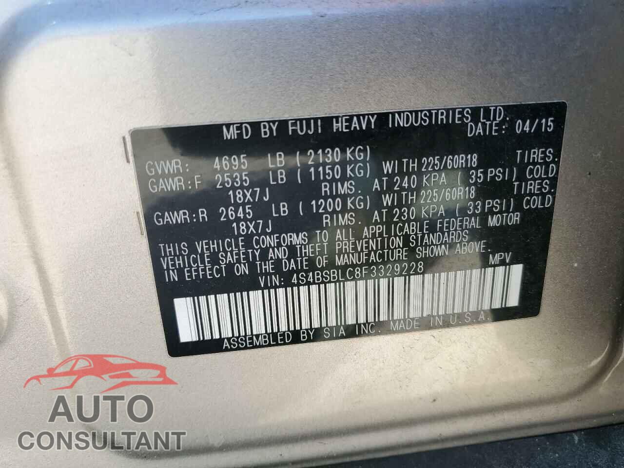 SUBARU OUTBACK 2015 - 4S4BSBLC8F3329228