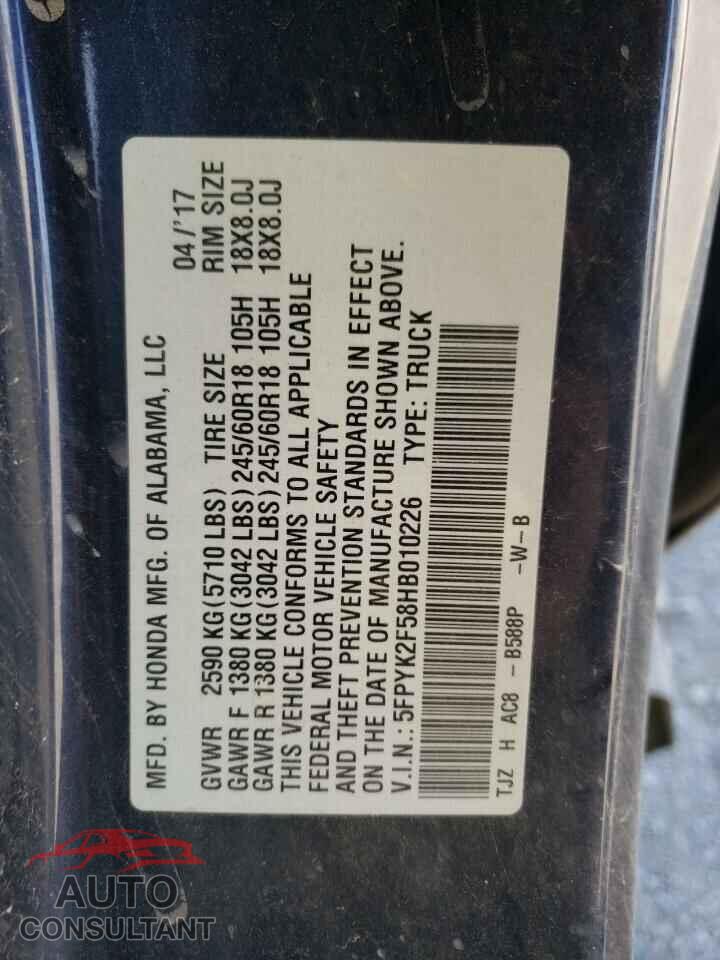 HONDA RIDGELINE 2017 - 5FPYK2F58HB010226