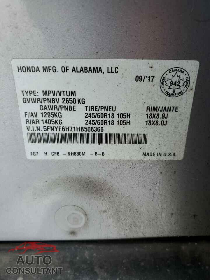 HONDA PILOT 2017 - 5FNYF6H71HB508366