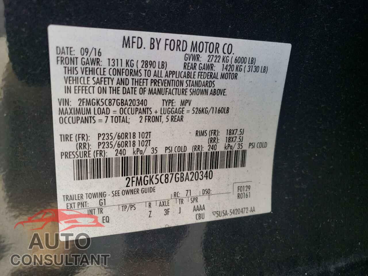FORD FLEX 2016 - 2FMGK5C87GBA20340