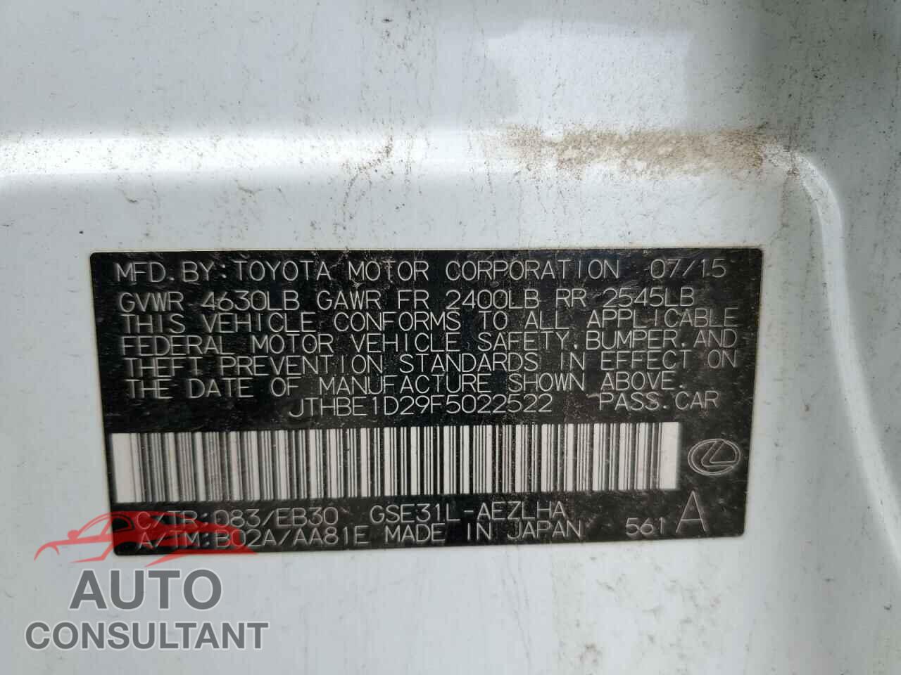 LEXUS IS 2015 - JTHBE1D29F5022522