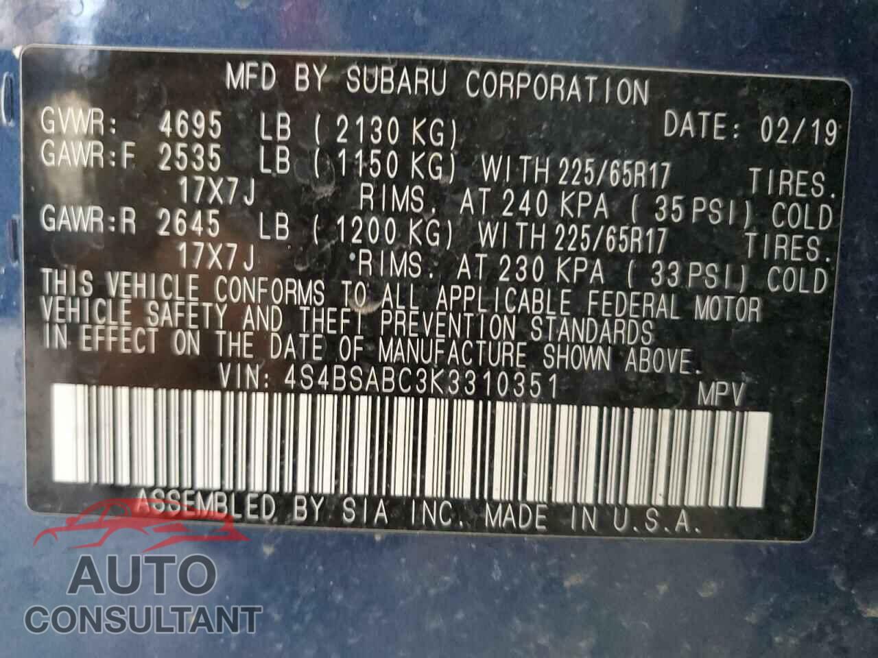SUBARU OUTBACK 2019 - 4S4BSABC3K3310351
