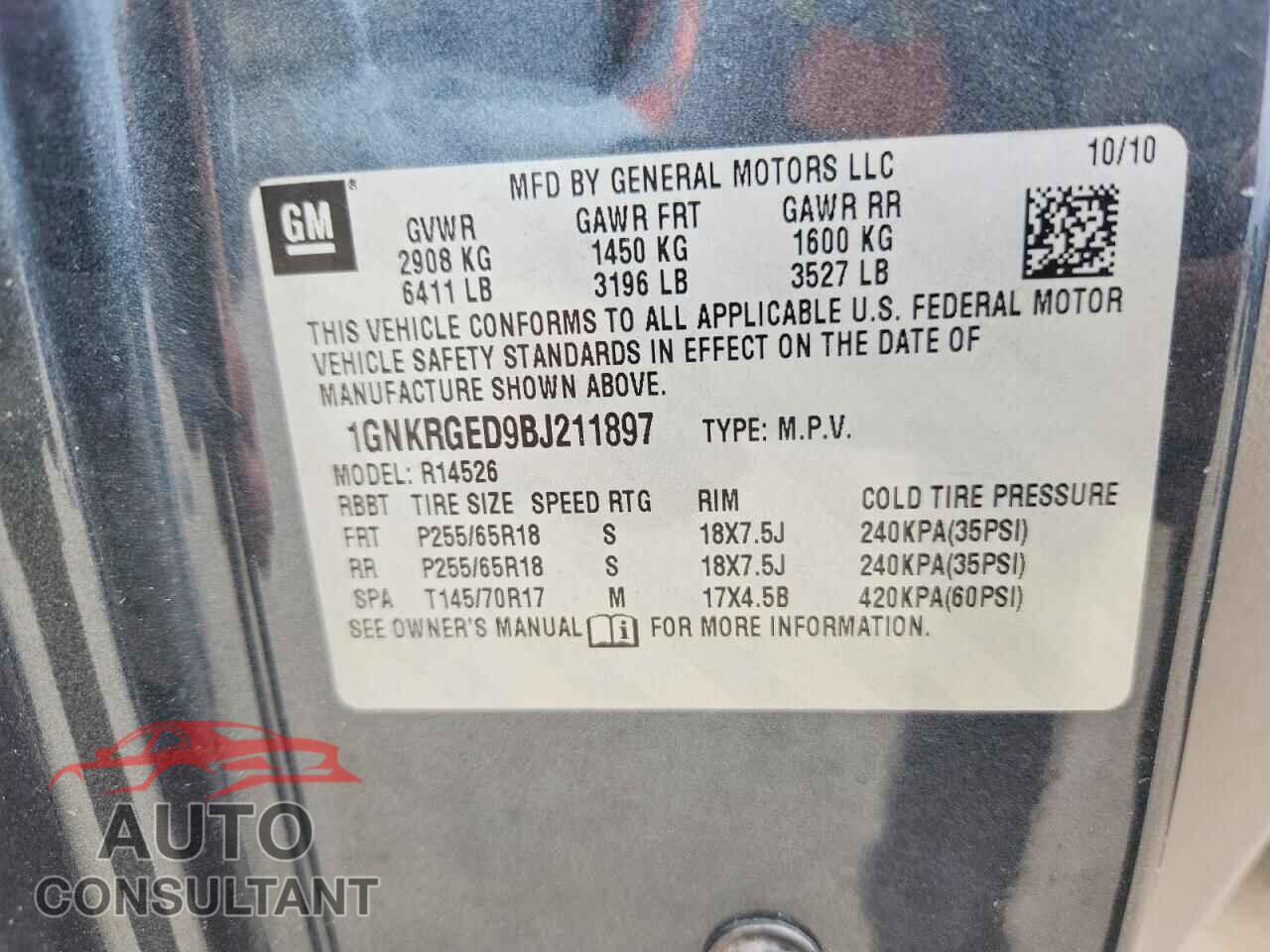 CHEVROLET TRAVERSE 2011 - 1GNKRGED9BJ211897