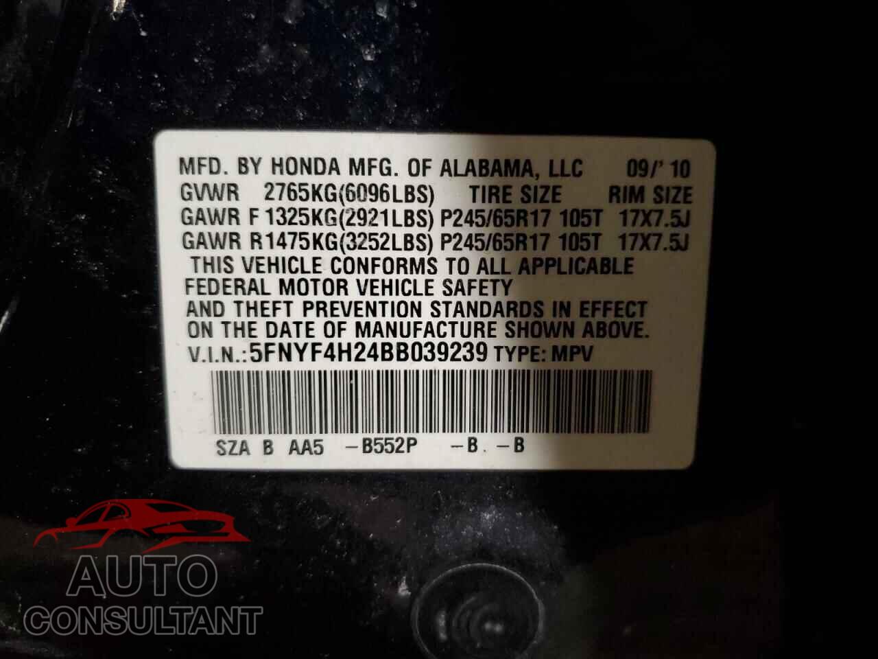HONDA PILOT 2011 - 5FNYF4H24BB039239