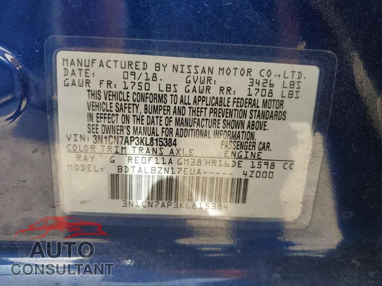 NISSAN VERSA 2019 - 3N1CN7AP3KL815384