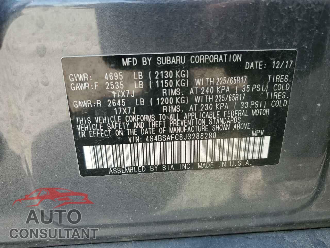 SUBARU OUTBACK 2018 - 4S4BSAFC8J3288288