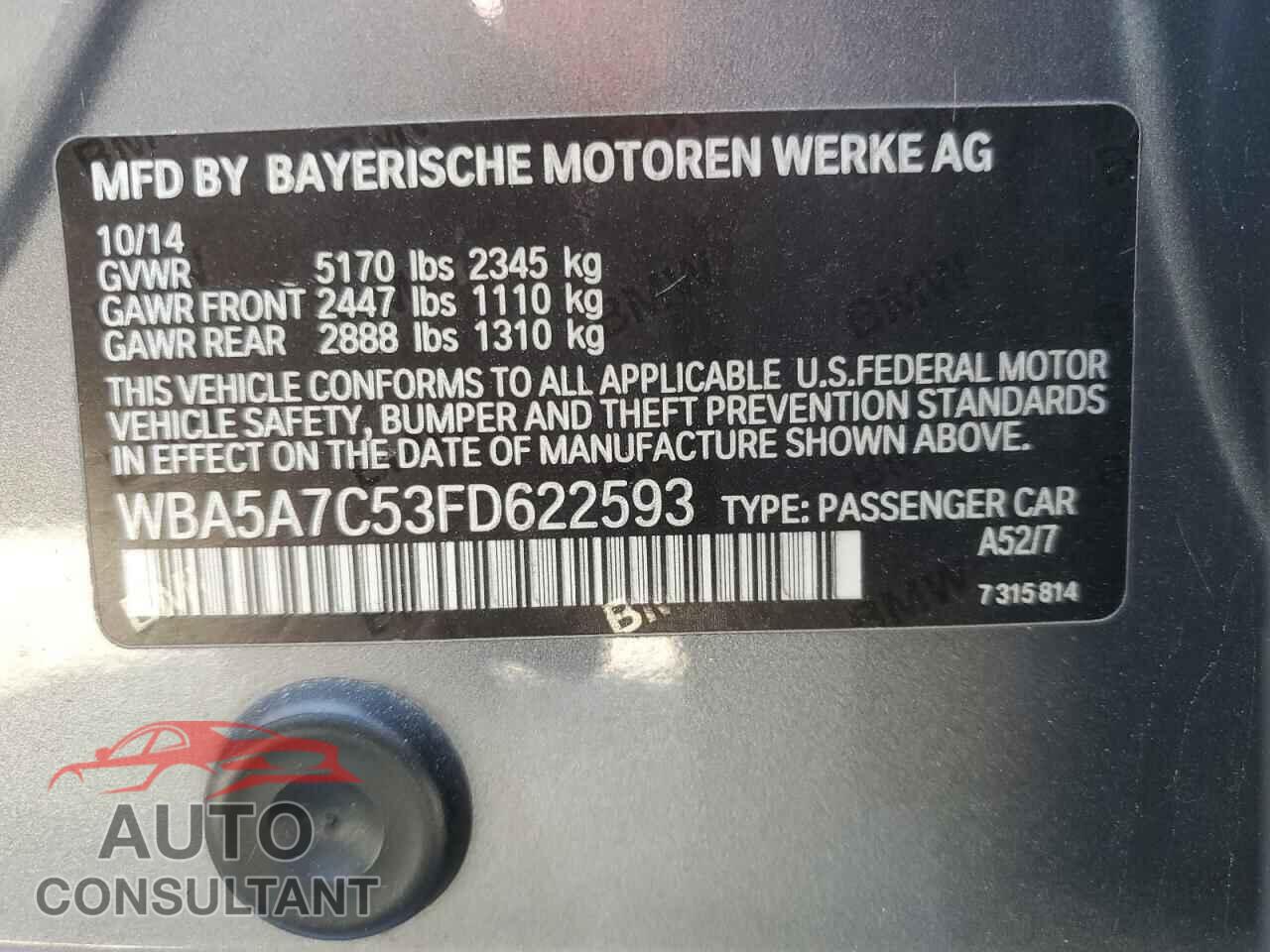 BMW 5 SERIES 2015 - WBA5A7C53FD622593