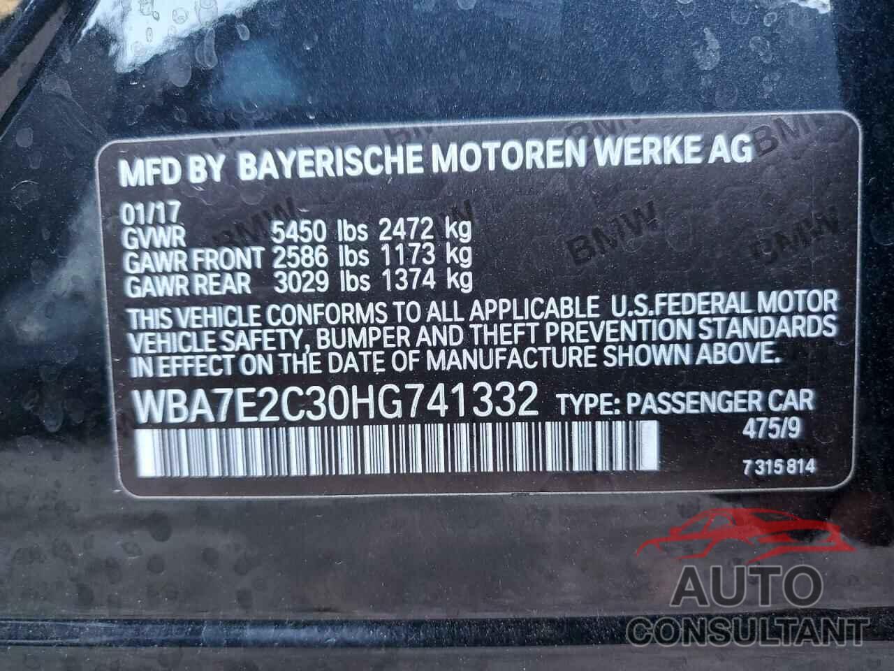 BMW 7 SERIES 2017 - WBA7E2C30HG741332